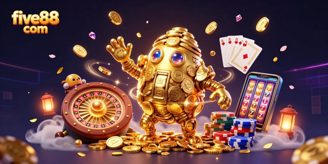 Experience the excitement of five88 com with this dynamic casino-themed illustration featuring slot symbols.