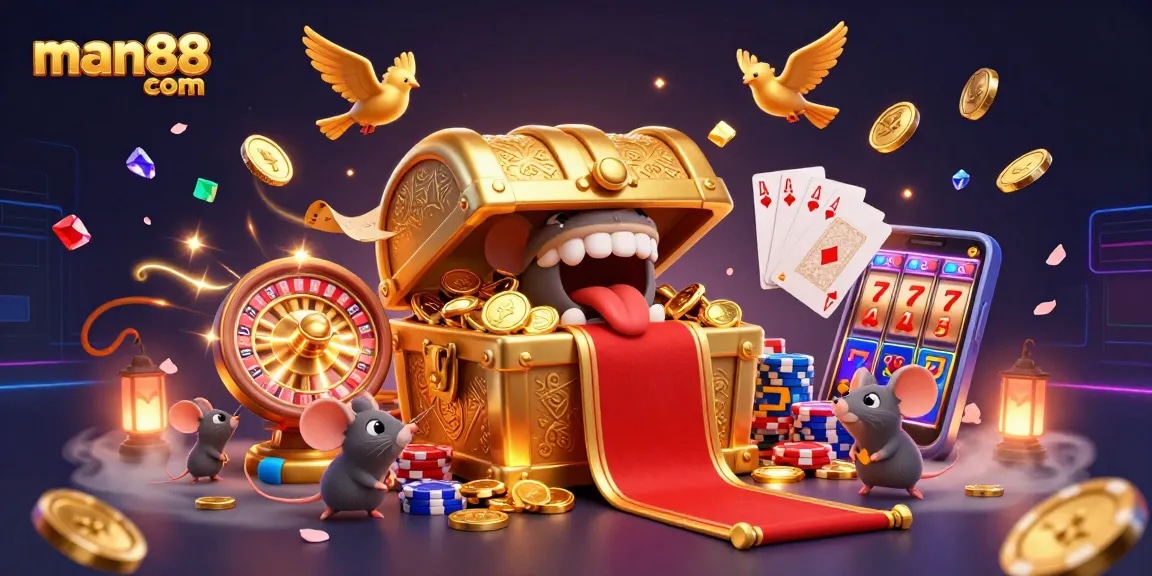 Experience thrilling wins at man88 com with an exciting golden treasure chest and vibrant casino elements.
