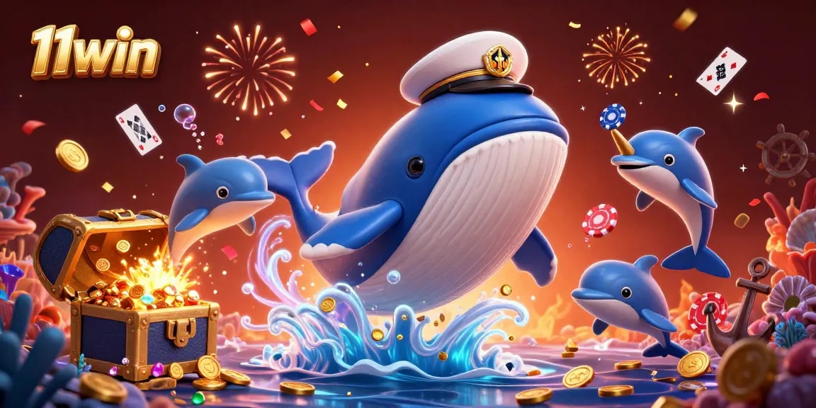 Experience big wins with 11win in this vibrant, 3D casino-themed underwater scene.