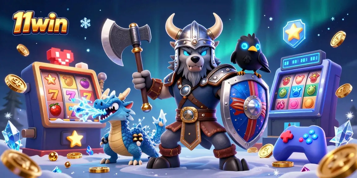 Win big at 11win with a vibrant, action-packed casino scene featuring epic characters and elements.
