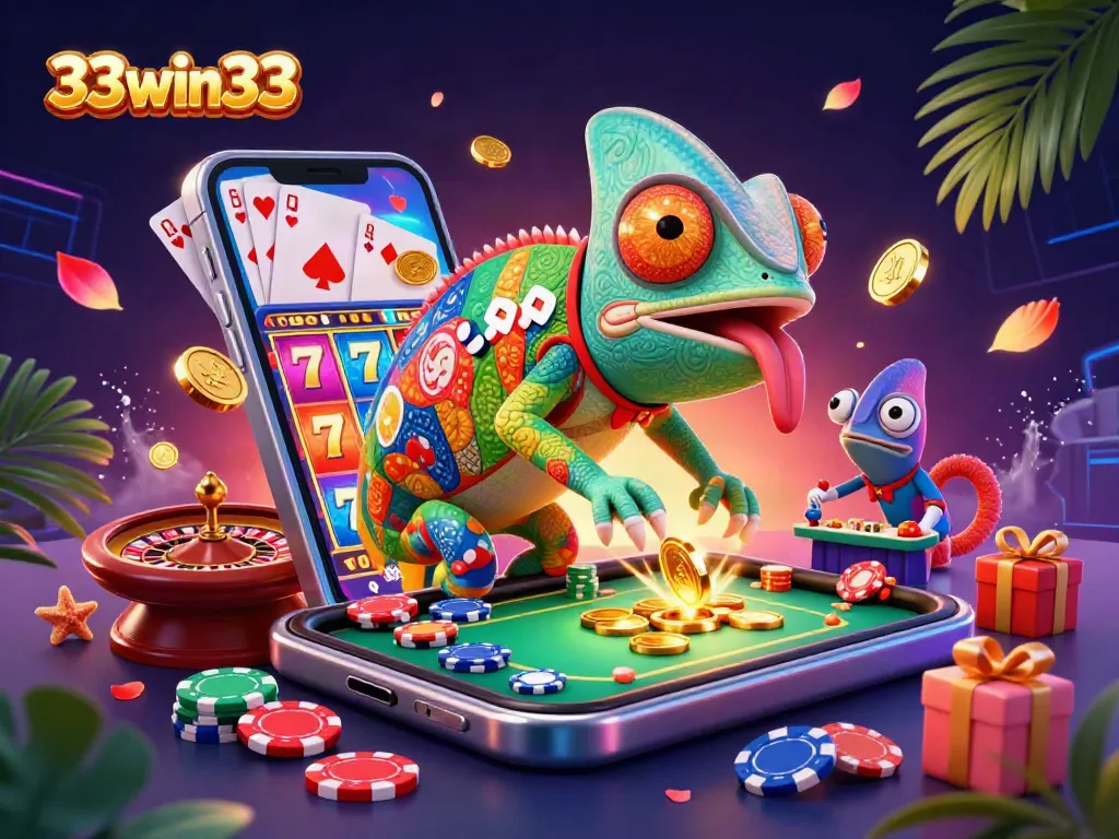 33win33's vibrant chameleon casino owner captures the excitement of gambling with golden coins and slot games.