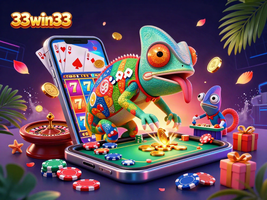 33win33's vibrant chameleon casino owner captures the excitement of gambling with golden coins and slot games.