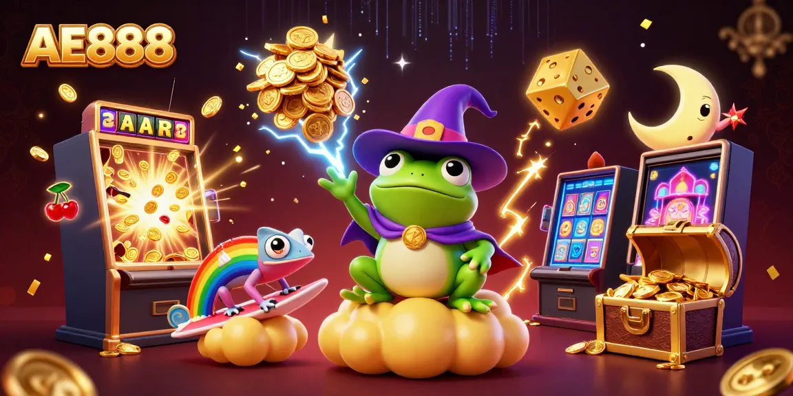 Win big at AE888 as the wizard frog conjures golden coins with a rainbow chameleon amidst casino excitement.