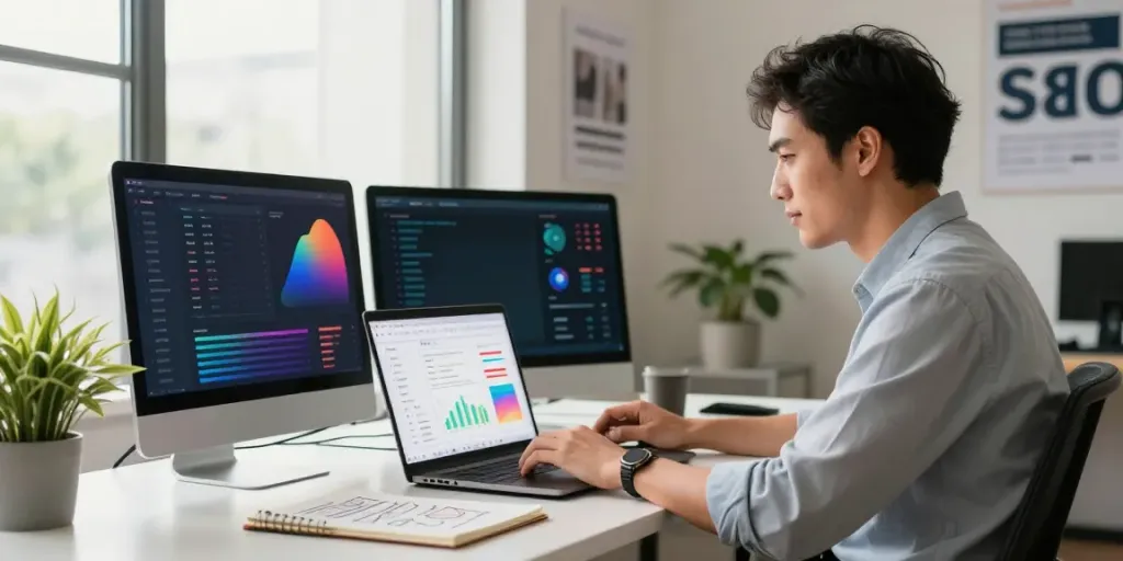 SEO specialist analyzing instant indexing metrics in a modern digital workspace