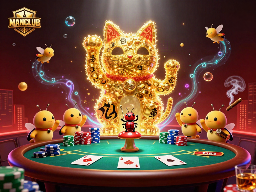 Experience the MANCLUB excitement with golden fireflies forming a lucky cat in a dynamic casino scene.