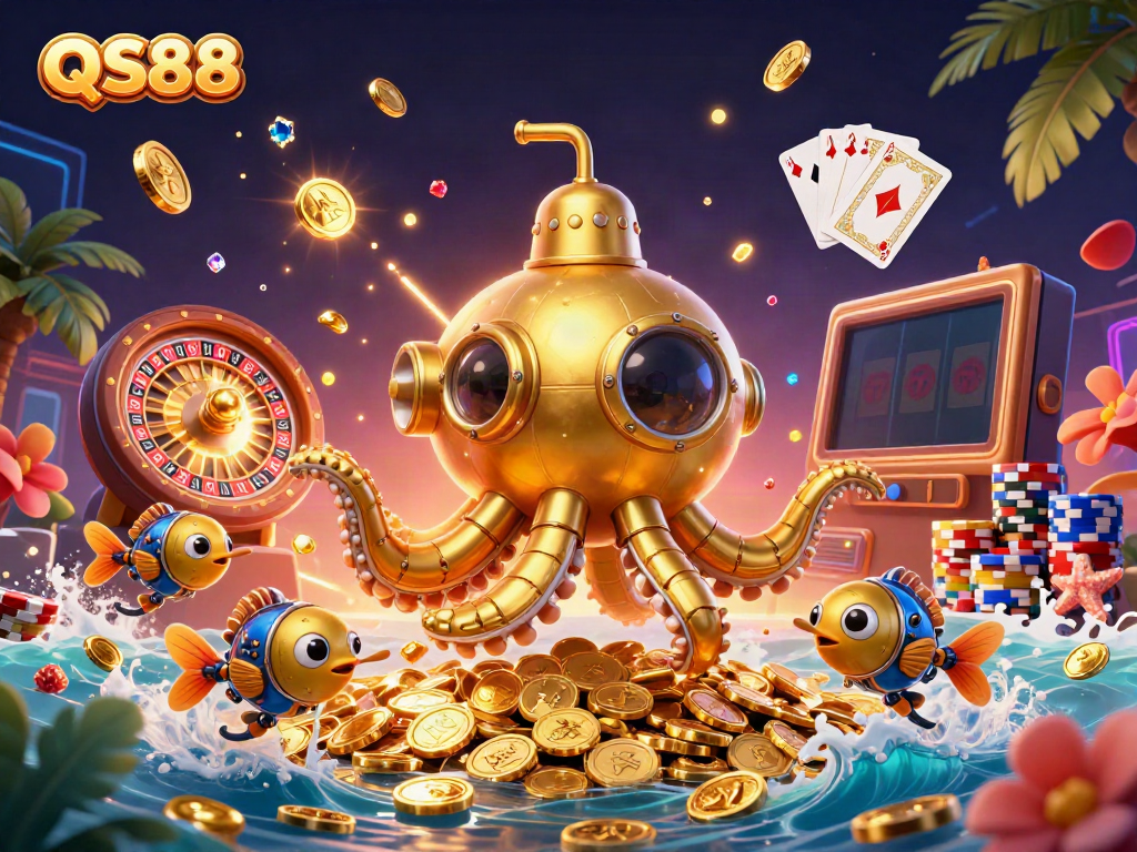 Experience thrilling moments at QS88 with captivating visuals of a golden kraken amidst dazzling casino elements.