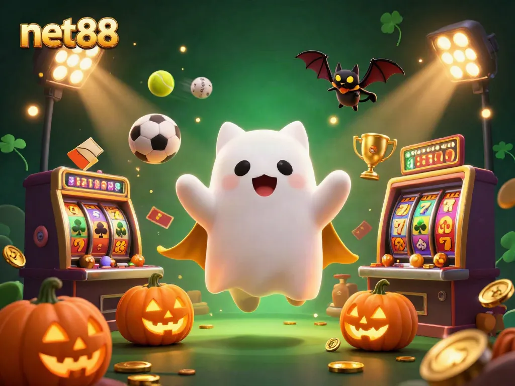 Experience net88 action with a ghost cat and vampire bat amidst casino excitement.