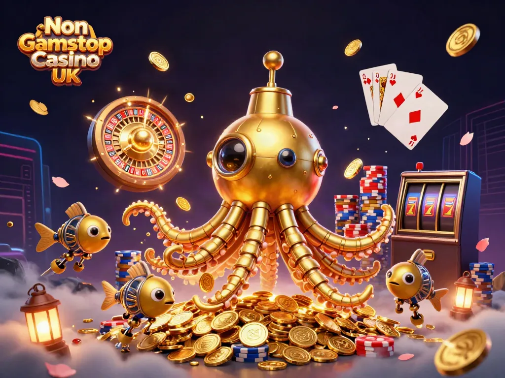 Experience the thrill of Non Gamstop Casino UK with a vibrant 3D kraken submarine surrounded by golden coins and sparkles.