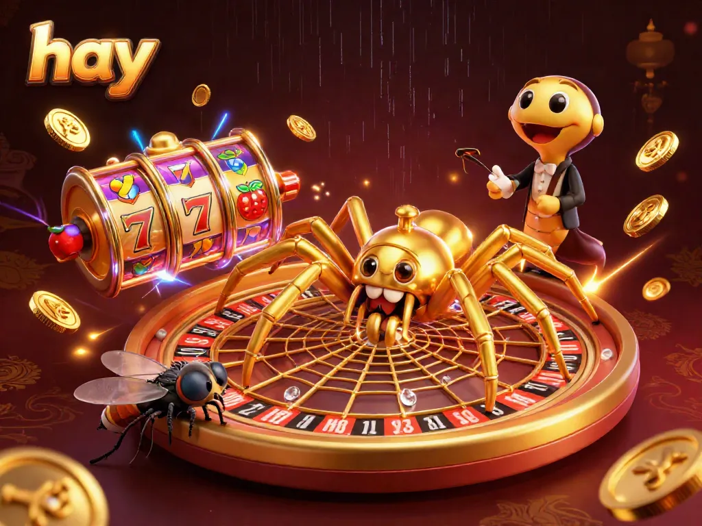 Experience hay gaming excitement with a golden spider spinning a roulette wheel web.