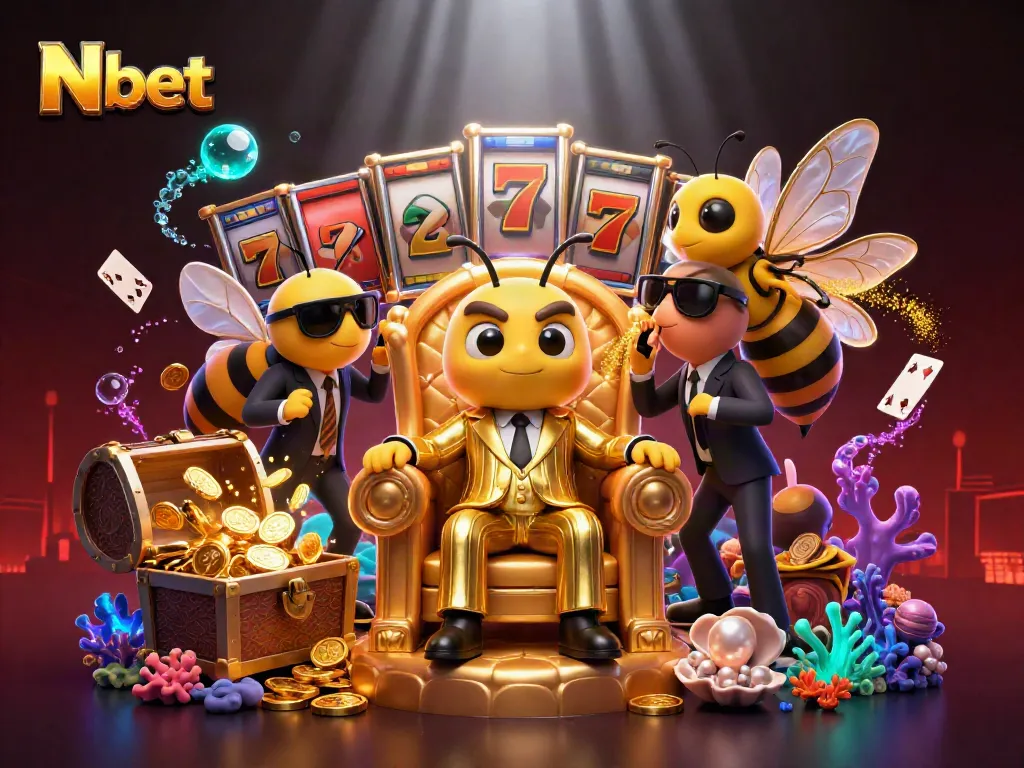 N bet showcases a vibrant casino scene with a bumblebee mob boss, slot reels, and treasure