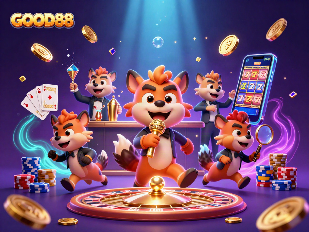 Experience the excitement of GOOD88 in a lively casino scene with vibrant characters and dynamic game elements.