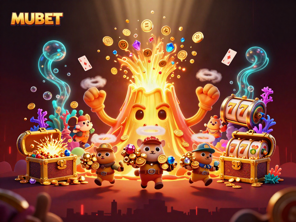MUBET enhances gaming excitement with a stunning scene of a golden volcano and treasure