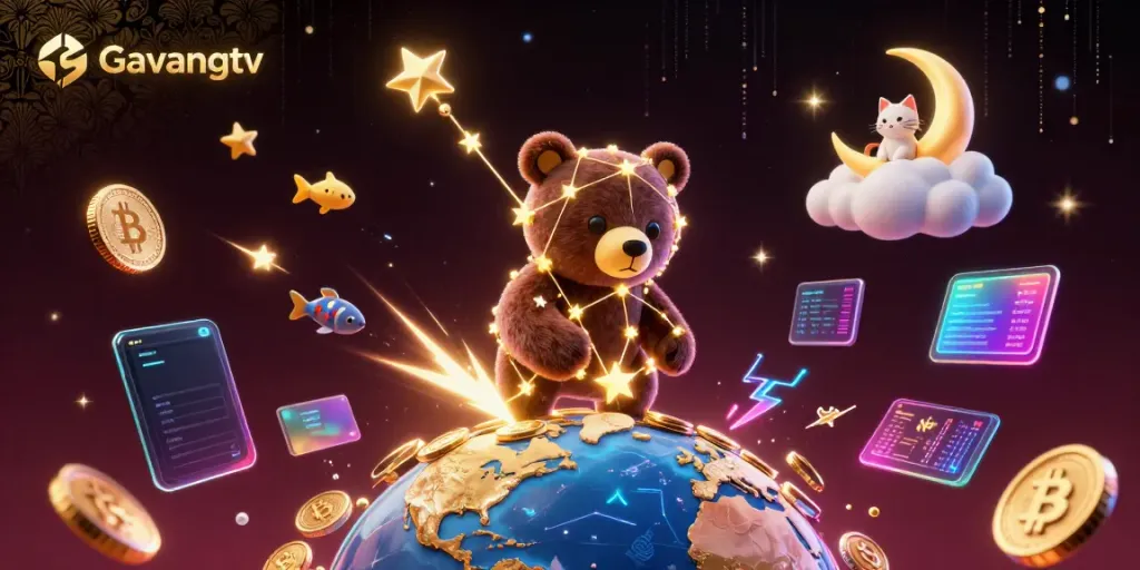 Experience the excitement of Gavangtv with a dazzling 3D bear reaching for glowing coins in a vibrant cosmic gambling scene.