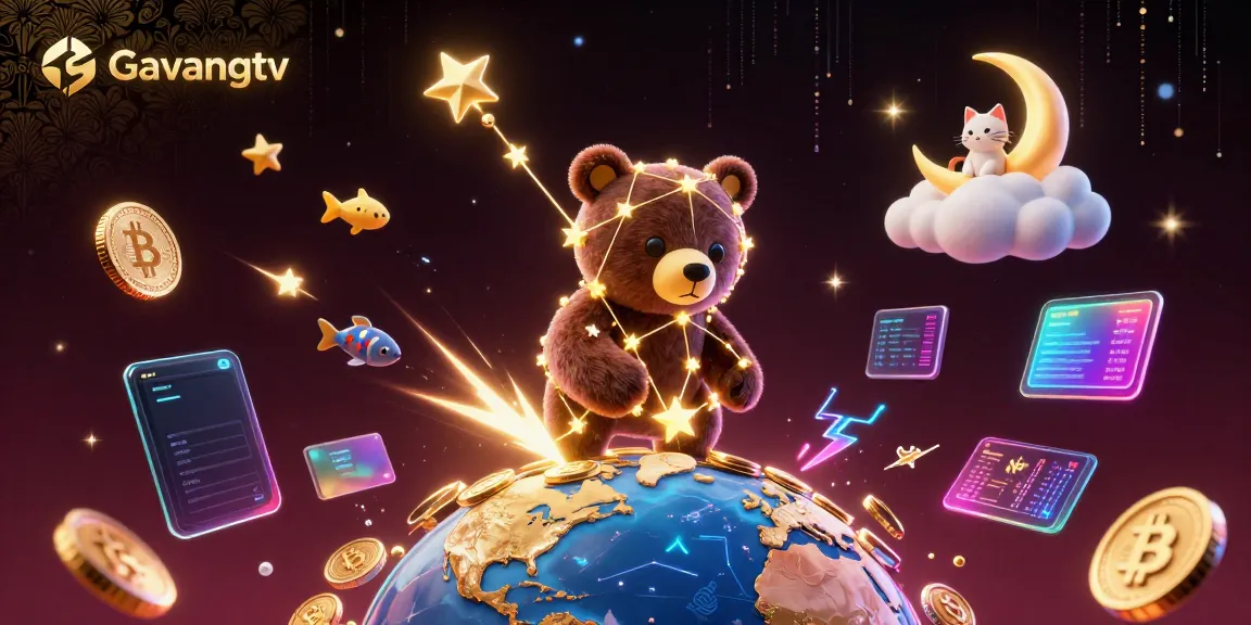 Experience the excitement of Gavangtv with a dazzling 3D bear reaching for glowing coins in a vibrant cosmic gambling scene.