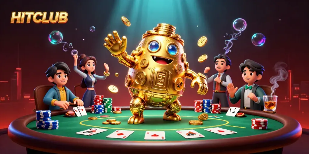 Join the thrilling action at HITCLUB, featuring a golden golem and vibrant poker scene in a dynamic 3D illustration.