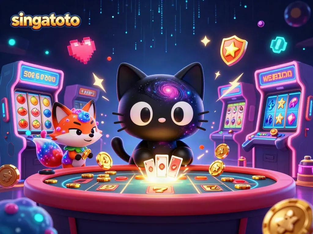 Experience singatoto's exciting cosmic casino with a black hole cat pulling in chips and cards.