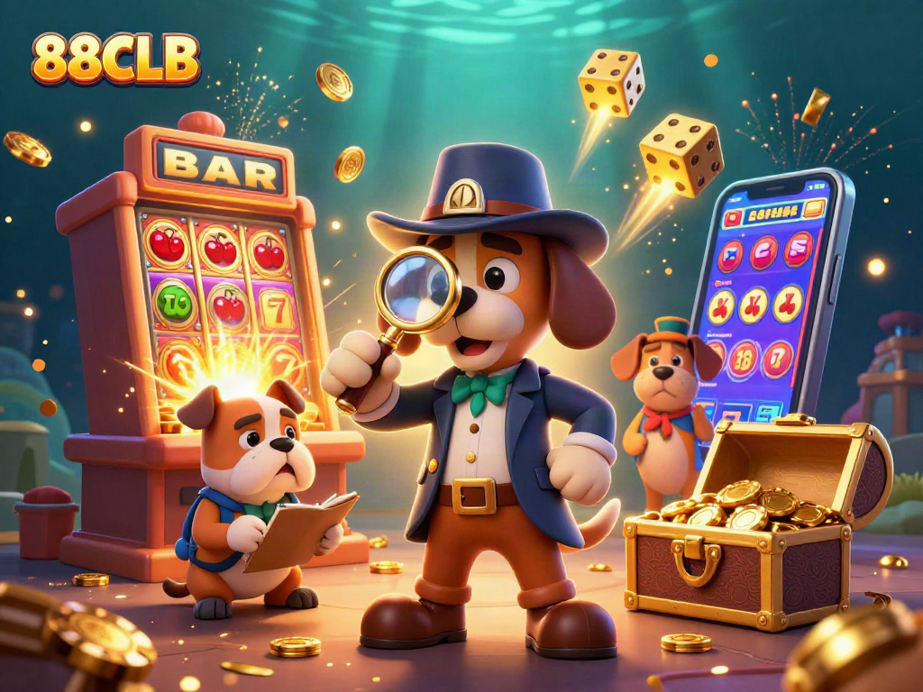 Engage in casino adventure with 88CLB as characters uncover treasure amidst slot machine excitement.
