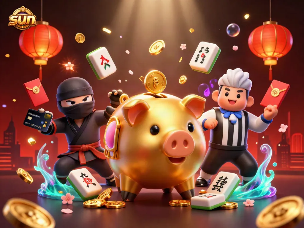 Engage with sun as the golden piggy bank sumo wrestler ground-stomps to release coins in a dynamic casino scene.