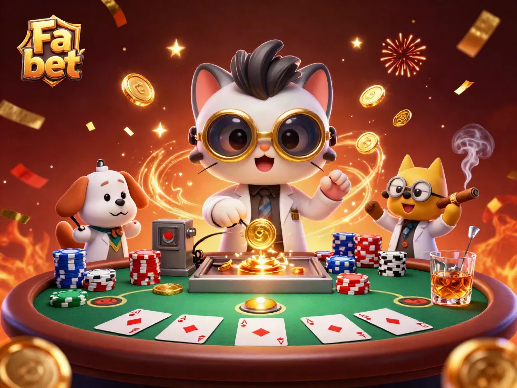 Experience thrilling Fa bet action with a cartoon scientist and poker elements exploding with excitement.