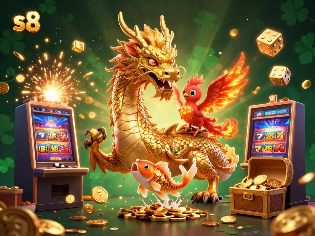 Experience S8 gaming excitement with the golden dragon soaring through the jackpot scene.