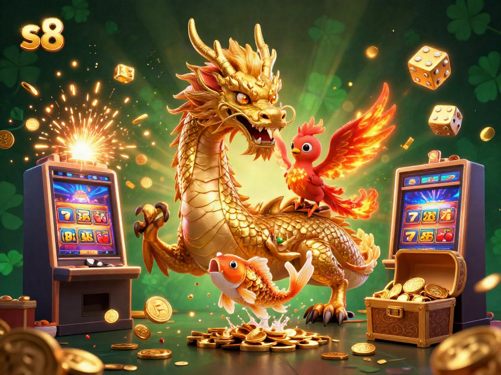 Experience S8 gaming excitement with the golden dragon soaring through the jackpot scene.