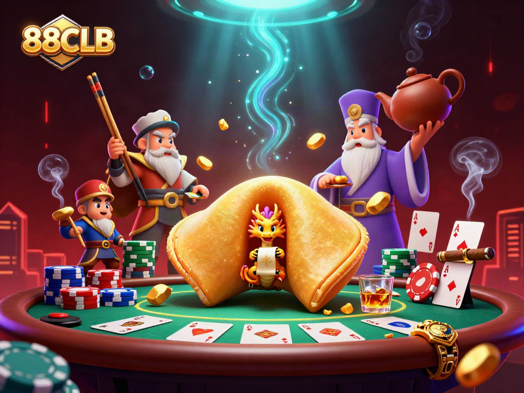 Engage in thrilling casino fun with 88CLB, showcasing dynamic poker elements and colorful game pieces.