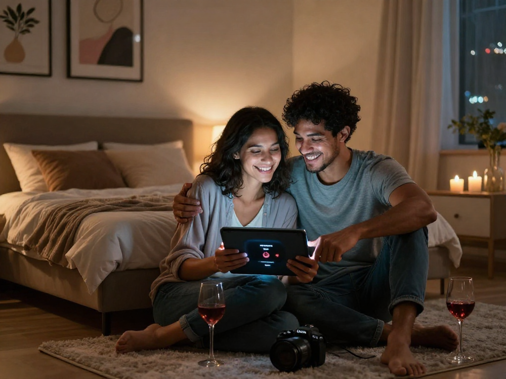 Couple exploring ai sex app together in a cozy bedroom setting, with warm lighting and personal touches.