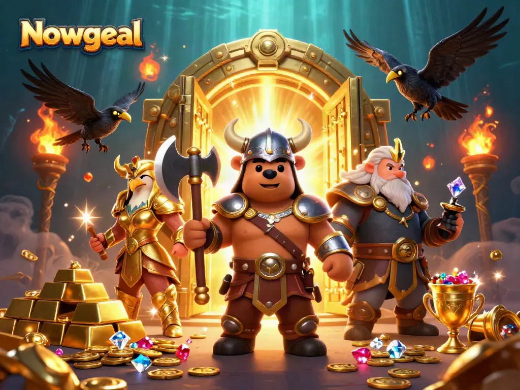 Experience Nowgoal's thrilling football scores as Viking bears and Valkyries celebrate in a treasure-filled scene.