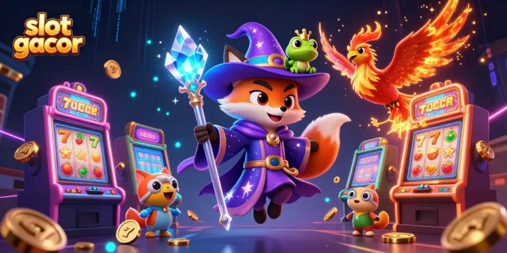 Engage in slot gacor games featuring vibrant 3D slots, wizard characters, and magical elements.