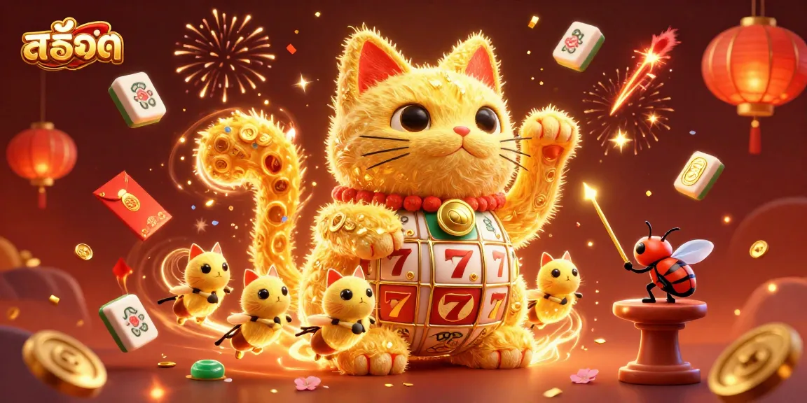 Engage with สล็อต slot gameplay visuals, showcasing the giant lucky cat and festive themes.