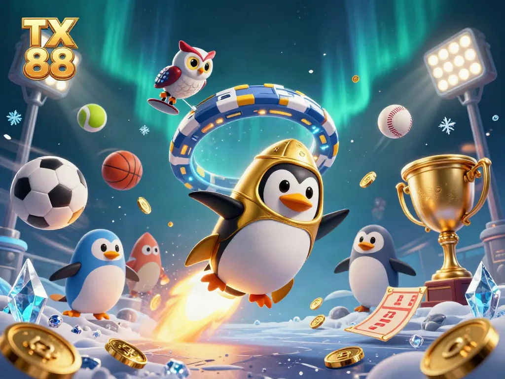 Engage with TX 88's vibrant casino scene featuring a golden penguin and dynamic sports elements.