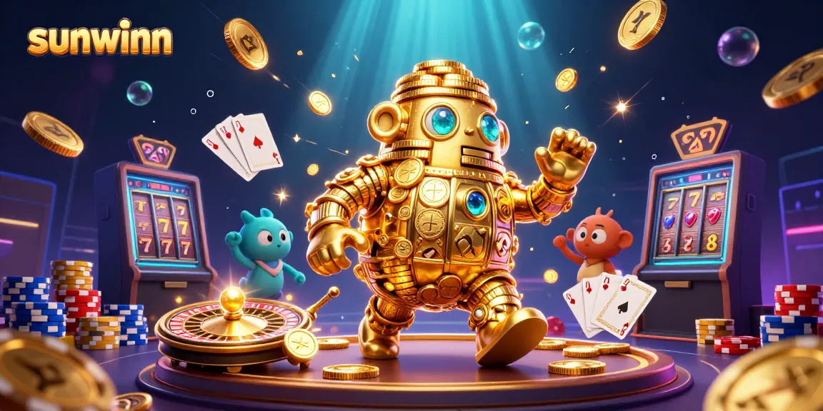 Experience the thrill of sunwinn with vibrant gaming elements and a golden golem in this dynamic casino art.