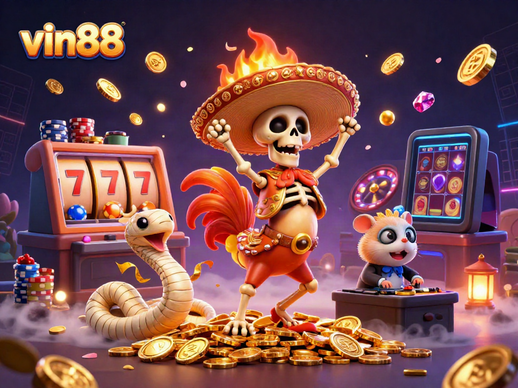 Experience the excitement of vin88 with vivid 3D characters celebrating on a backdrop of golden coins and slot machines.