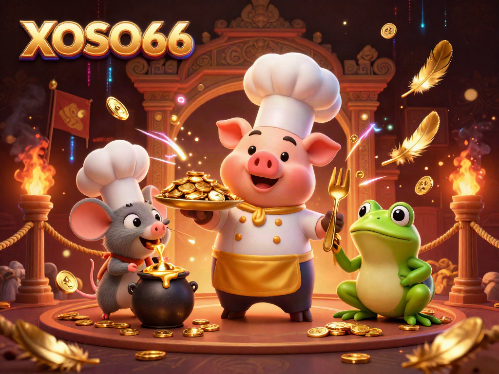 XOSO66 Chef pig serves coins, sous-chef mouse tastes gold, critic frog judges culinary luck.