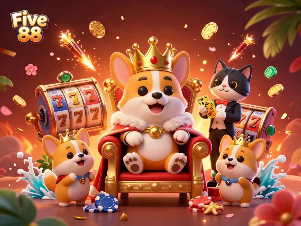 Experience thrilling gaming at Five 88 with an illustration showing 3D cartoon corgis in a dynamic casino scene.