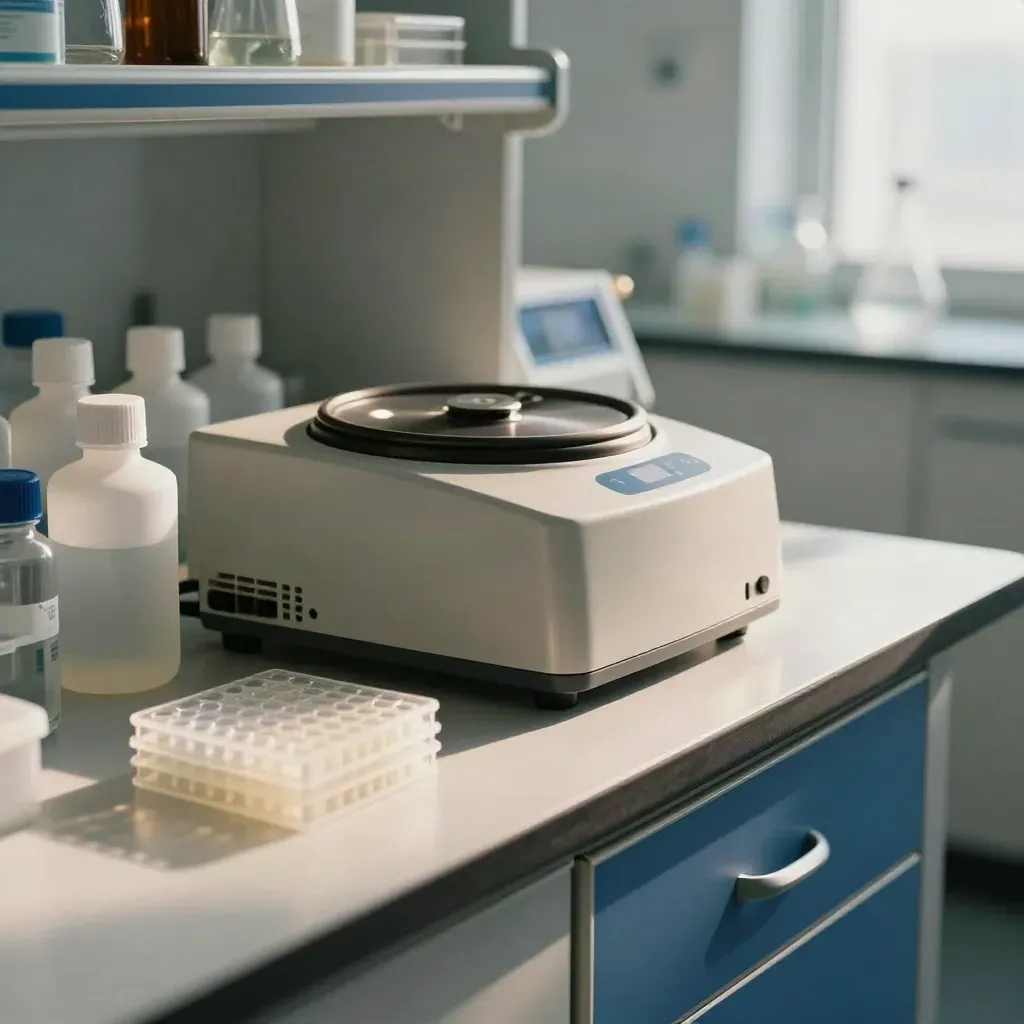Premium lab CRO profile with assay plates, reagent bottles and a compact centrifuge base