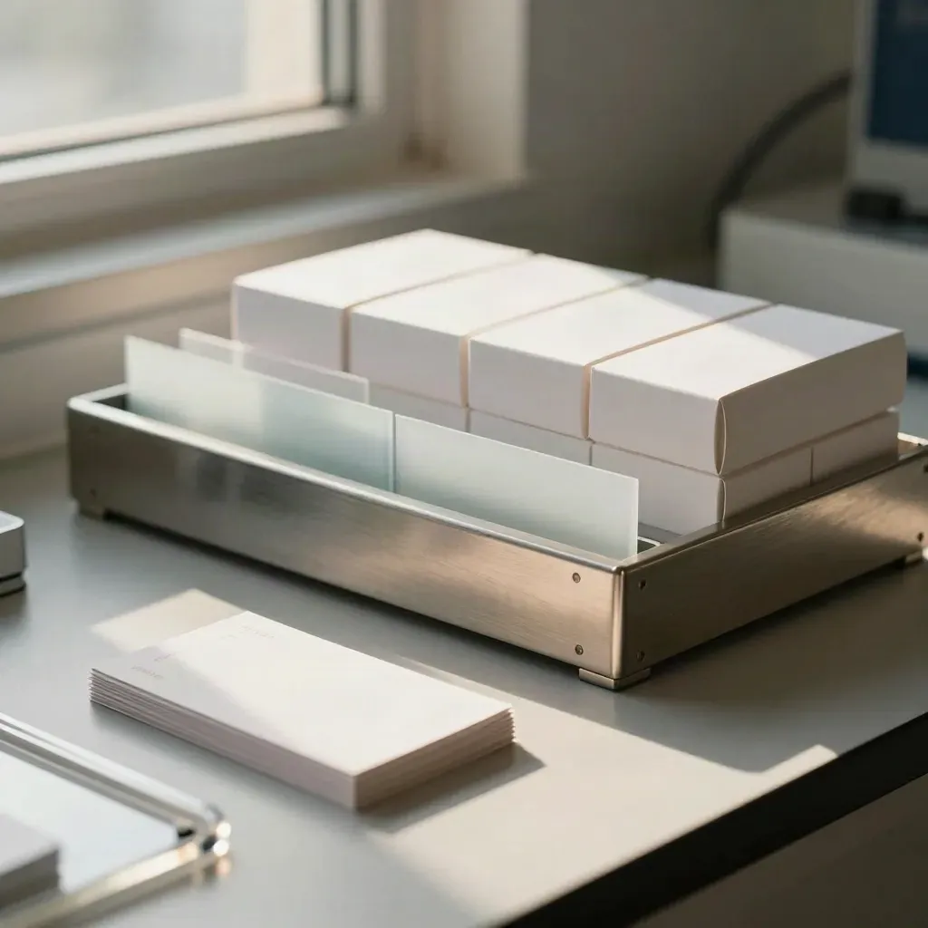 Biotech profile materials arranged on a pale counter in warm window light.