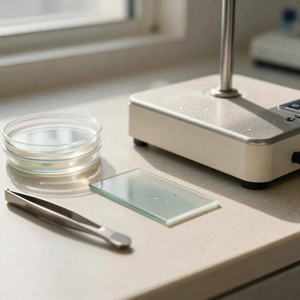 Macro lab station with slides, petri dishes, tweezers and a compact instrument dock