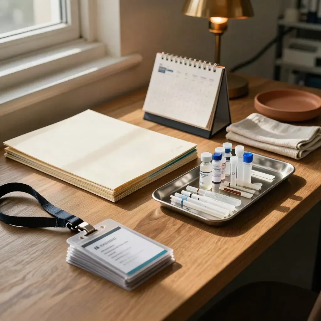 Funding hub still life with badges, folder, calendar block and sample vials on a warm oak counter.