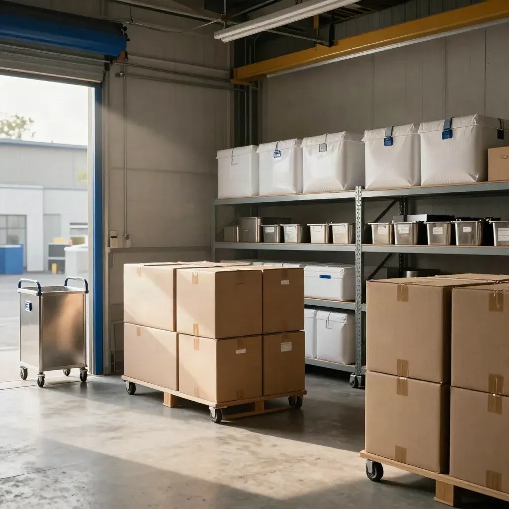 Polished biotech receiving bay with stacked cartons, insulated shippers and warm afternoon light.