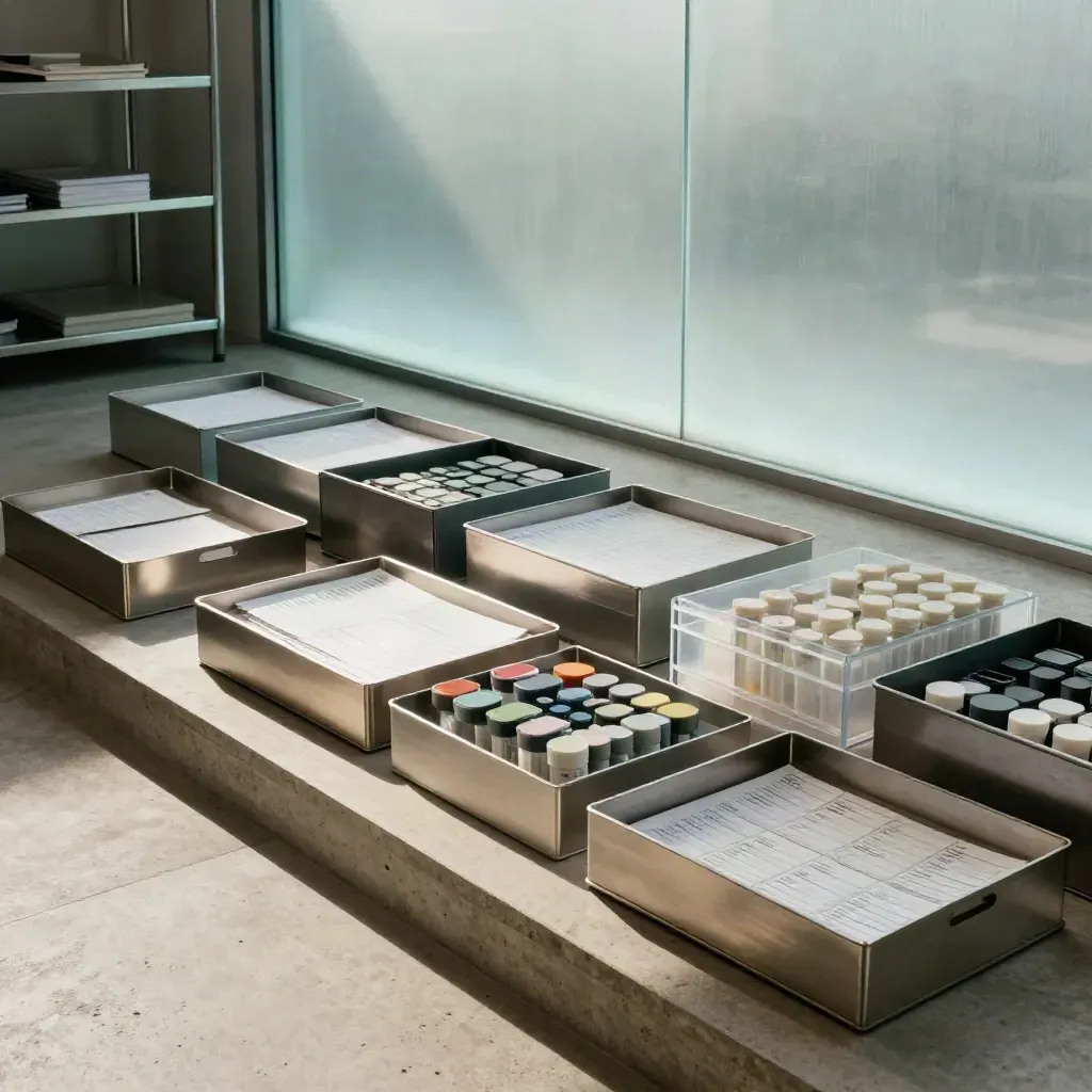 Sleek biotech investor review workspace with trays, sector tubs, and glowing frosted glass.