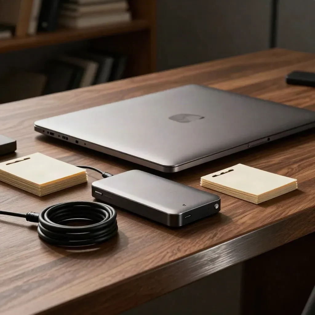 Closed laptop, external drive, cable coil and blank tabs on a walnut biotech workspace.