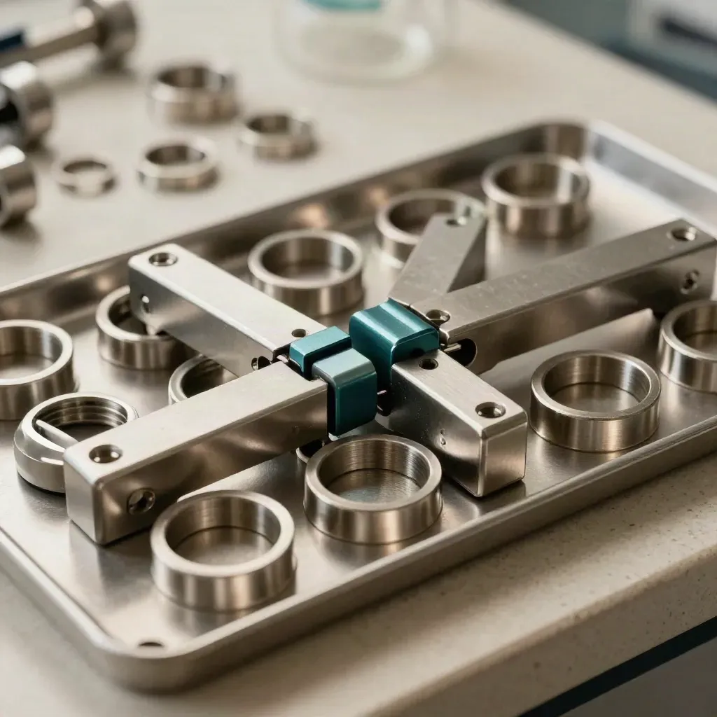 Macro of lab joiner clips and interlocking brackets on a stone bench, lit from upper left