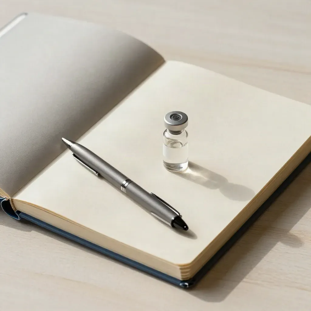 Closed notebook, tabbed folder, pen, and sample vial on pale wood, lit from the side.