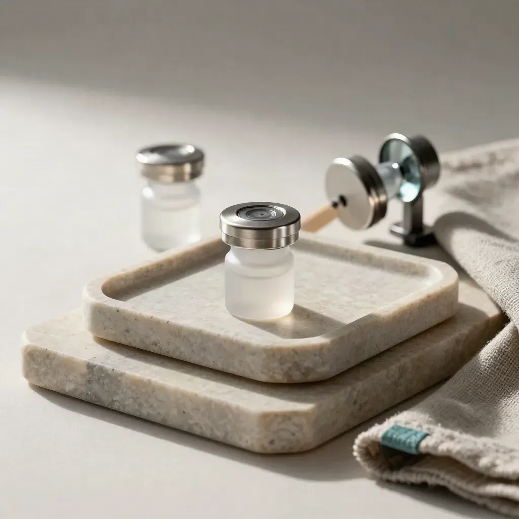 Nested biotech sample trays with a front cap, soft back tray, and turned inspection stand.