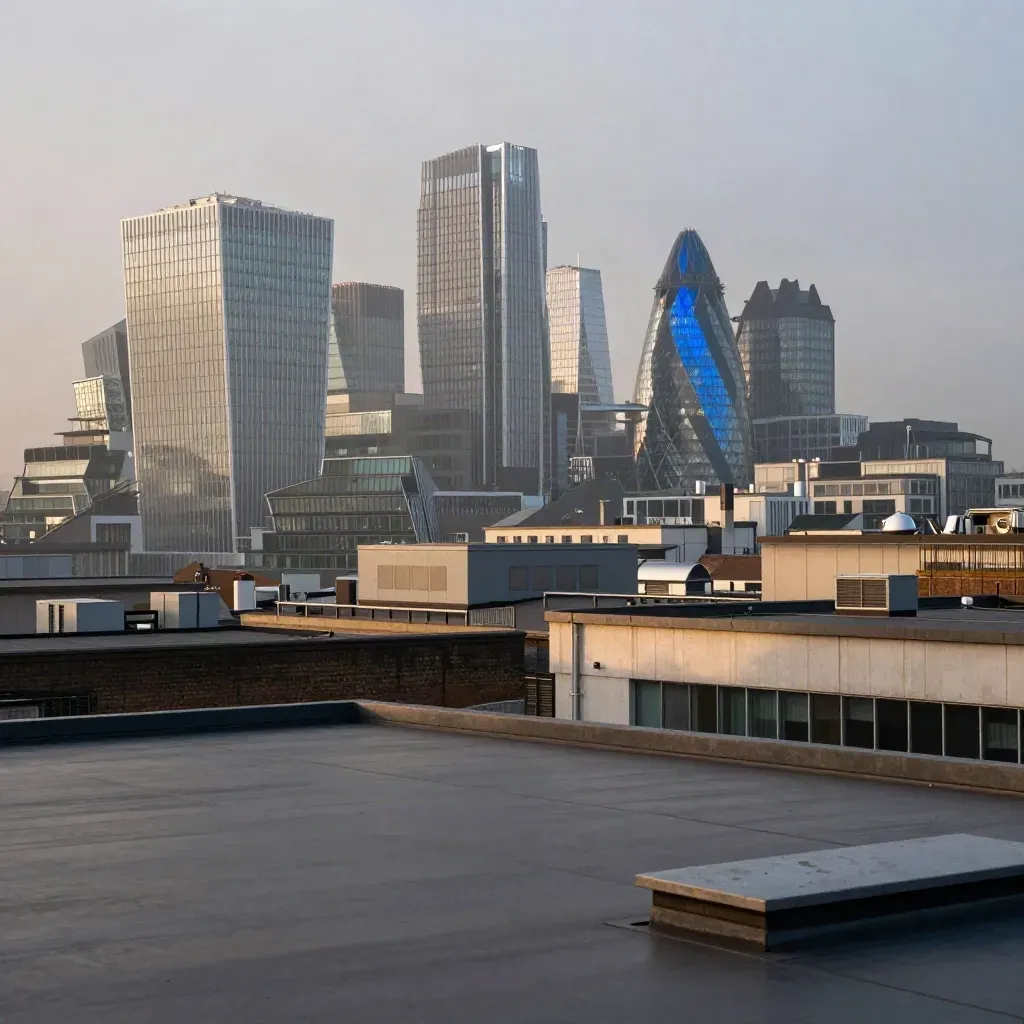 Hazy blue-hour London biotech skyline above calm rooftops, ready for headline copy