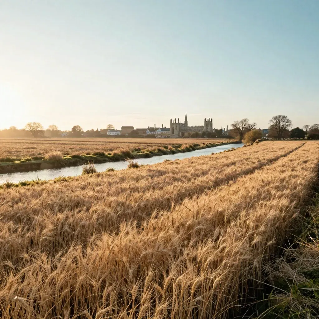 Golden-hour East of England fens with a pale river, flat fields and hazy Cambridge skyline.
