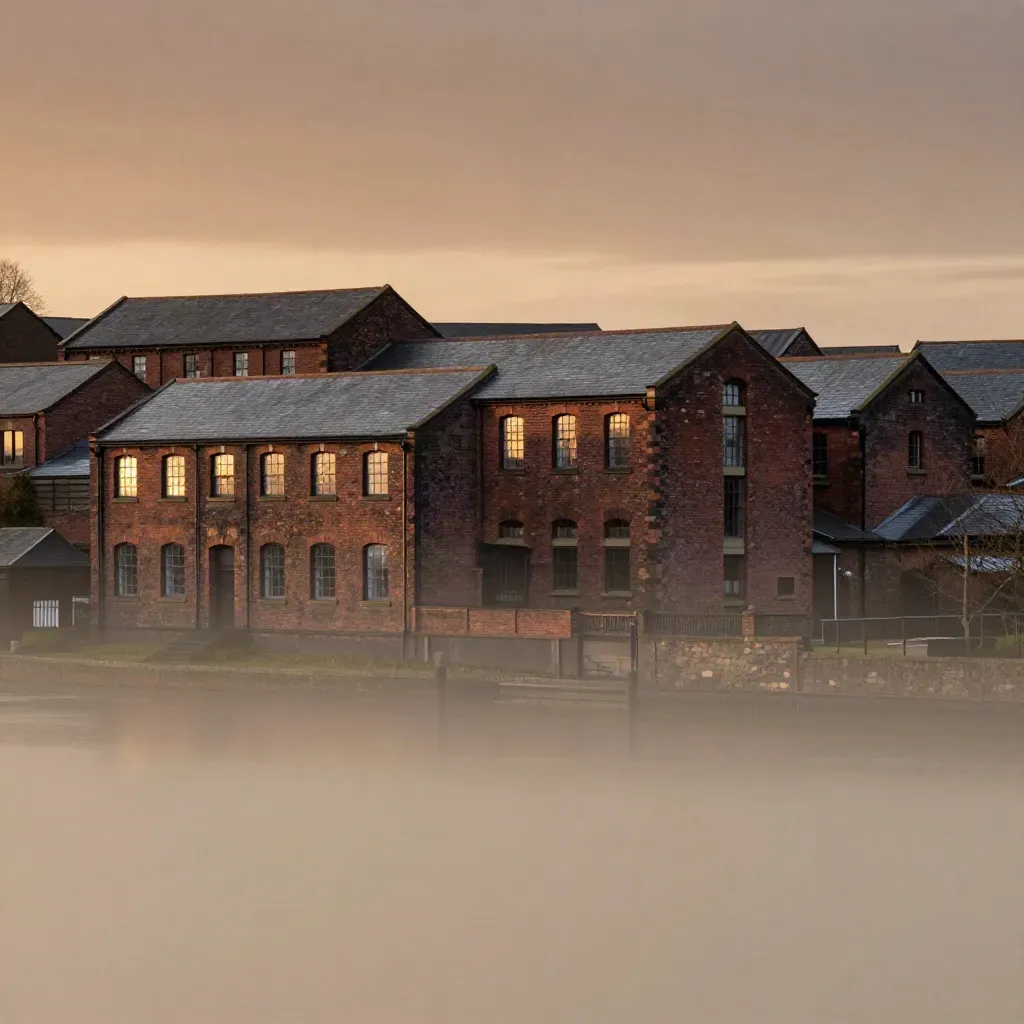 Hazy North West England skyline with brick warehouses, canal glint and warm dusk sky
