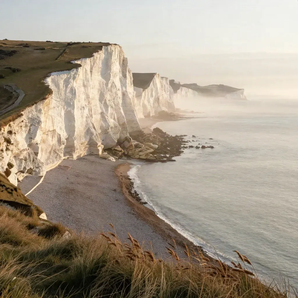 Chalk cliffs above sea mist at sunrise on the South East England coast.