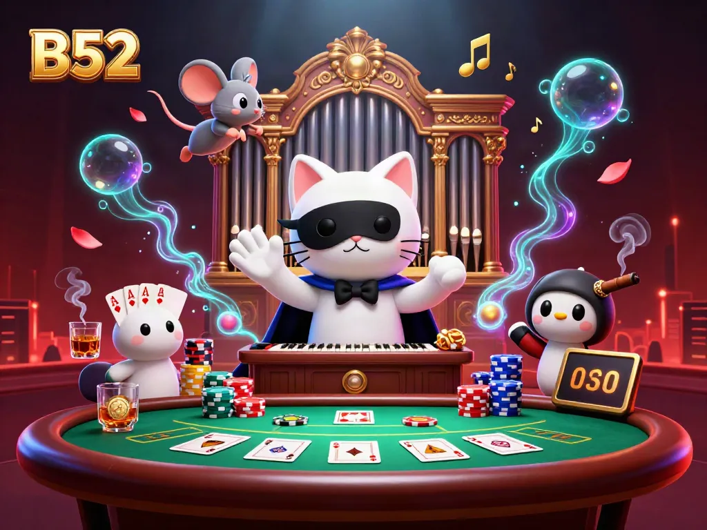 B52 enhances online gambling with vivid casino themes and immersive characters in a dynamic scene.